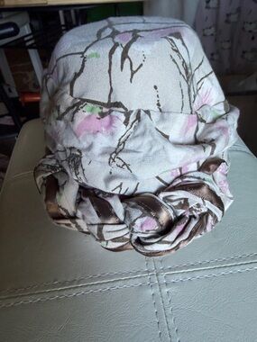 Floral Print Cloche Hat with Rosette Trim - Pink & Brown
